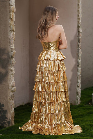 Glamorous Strapless Gold Tiered Ruffled Evening Gown Prom Dress, PR026
