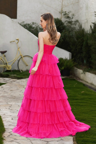 Glamorous Strapless Hot Pink Tiered Tulle Ball - Gown Evening Dress, PR027