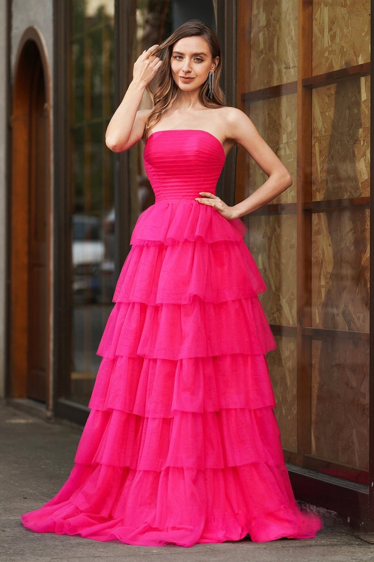 Glamorous Strapless Hot Pink Tiered Tulle Ball - Gown Evening Dress, PR027