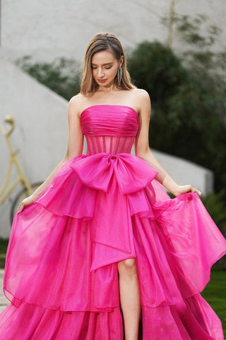 Glamorous Strapless Hot Pink Tulle Ball - Gown with Corset Detail and High - Low Ruffled Prom Dress, PR028