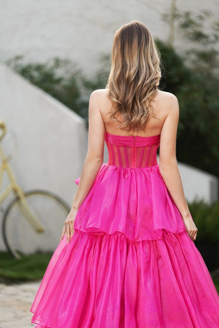 Glamorous Strapless Hot Pink Tulle Ball - Gown with Corset Detail and High - Low Ruffled Prom Dress, PR028