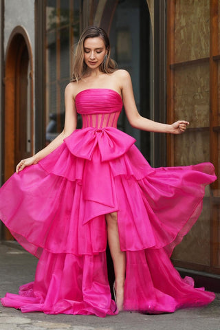 Glamorous Strapless Hot Pink Tulle Ball - Gown with Corset Detail and High - Low Ruffled Prom Dress, PR028