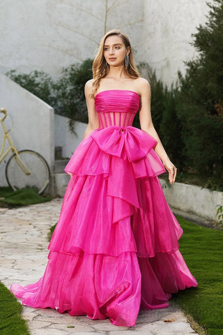 Glamorous Strapless Hot Pink Tulle Ball - Gown with Corset Detail and High - Low Ruffled Prom Dress, PR028