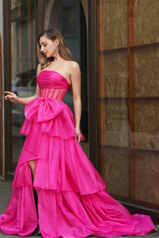 Glamorous Strapless Hot Pink Tulle Ball - Gown with Corset Detail and High - Low Ruffled Prom Dress, PR028