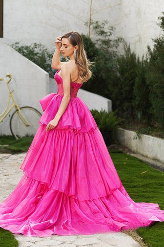Glamorous Strapless Hot Pink Tulle Ball - Gown with Corset Detail and High - Low Ruffled Prom Dress, PR028