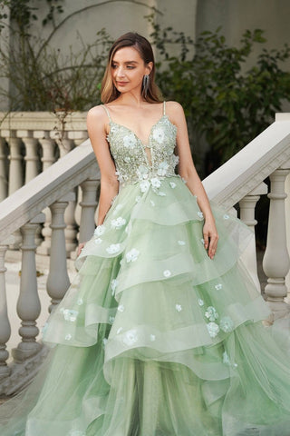 Glamorous Spaghetti Strap Light Green Embellished Tiered Tulle Evening Dress, PR029