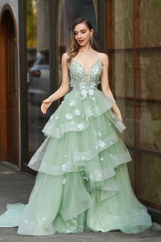 Glamorous Spaghetti Strap Light Green Embellished Tiered Tulle Evening Dress, PR029