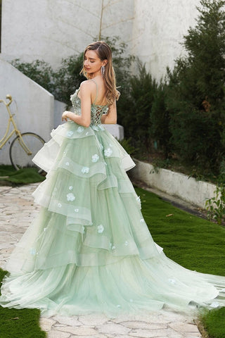 Glamorous Spaghetti Strap Light Green Embellished Tiered Tulle Evening Dress, PR029