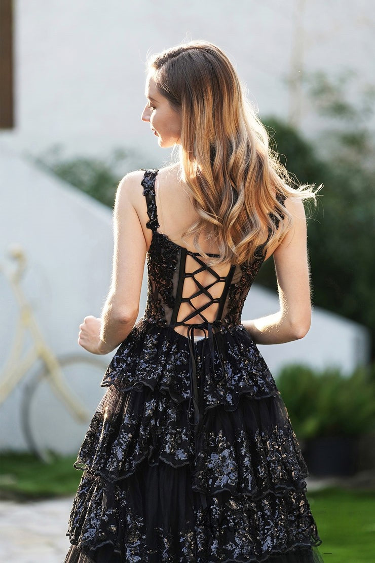 Glamorous Spaghetti Strap Black Sequin Tiered High - Low Evening Dress, PR030