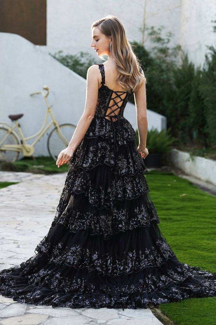 Glamorous Spaghetti Strap Black Sequin Tiered High - Low Evening Dress, PR030