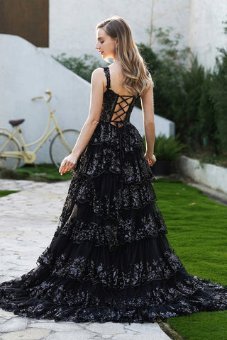 Glamorous Spaghetti Strap Black Sequin Tiered High - Low Evening Dress, PR030