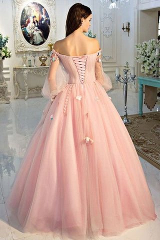 Ball Gown Off-the-Shoulder Tulle Long Sleeves Prom Dresses