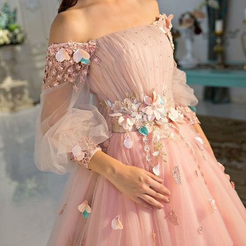 Ball Gown Off-the-Shoulder Tulle Long Sleeves Prom Dresses