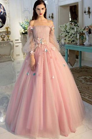 Ball Gown Off-the-Shoulder Tulle Long Sleeves Prom Dresses