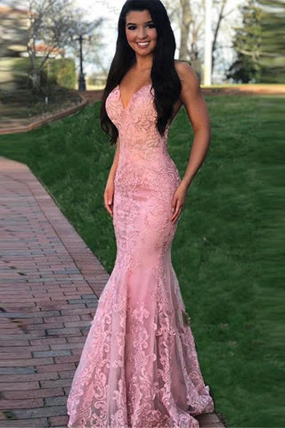 Mermaid Spaghetti Straps Lace Pink Long Prom Dress