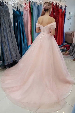 A-line Off Shoulder Tulle  Long Prom Dresses, Evening Gown With Train