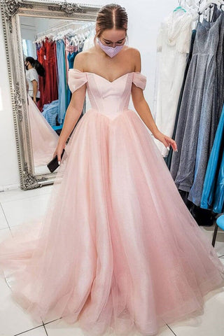A-line Off Shoulder Tulle  Long Prom Dresses, Evening Gown With Train