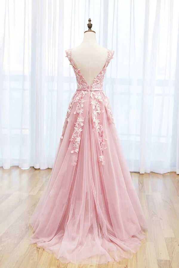 Tulle A-line Scoop Lace Long Formal Prom Dresses With Train