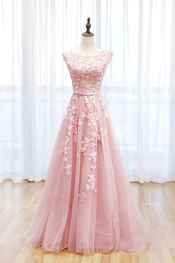 Tulle A-line Scoop Lace Long Formal Prom Dresses With Train