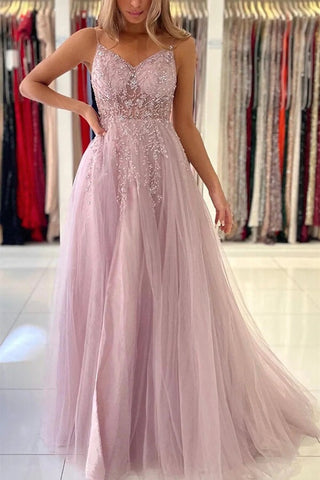 A-line  V-neck Beaded Tulle  Prom Dresses With Slit, Evening Gowns