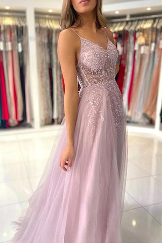A-line  V-neck Beaded Tulle  Prom Dresses With Slit, Evening Gowns