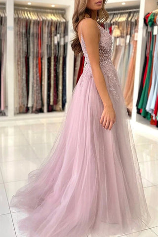 A-line  V-neck Beaded Tulle  Prom Dresses With Slit, Evening Gowns