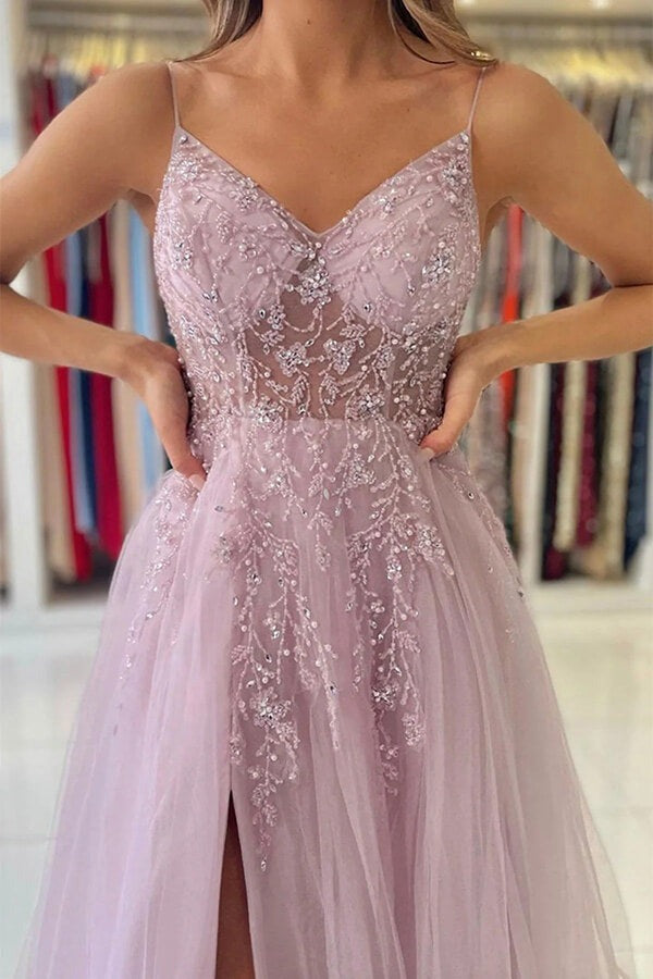A-line  V-neck Beaded Tulle  Prom Dresses With Slit, Evening Gowns