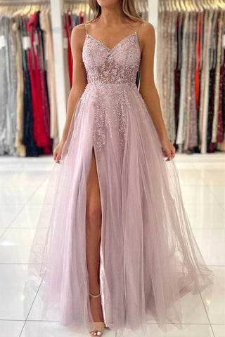 A-line  V-neck Beaded Tulle  Prom Dresses With Slit, Evening Gowns