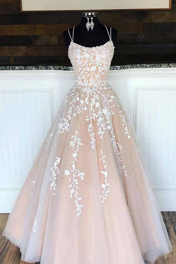 A-line Tulle Princess Spaghetti Straps Lace Appliques Prom Dresses
