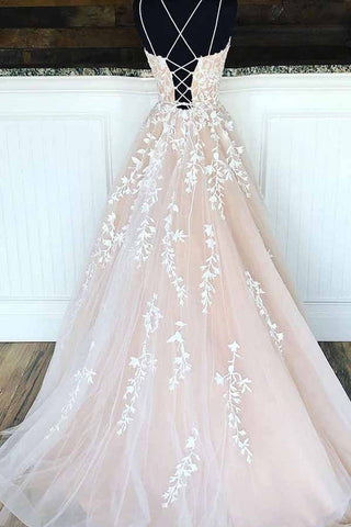 A-line Tulle Princess Spaghetti Straps Lace Appliques Prom Dresses