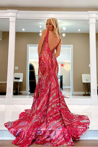 Pretty Mermaid  V Neck Sequin Lace Long Prom Dresses