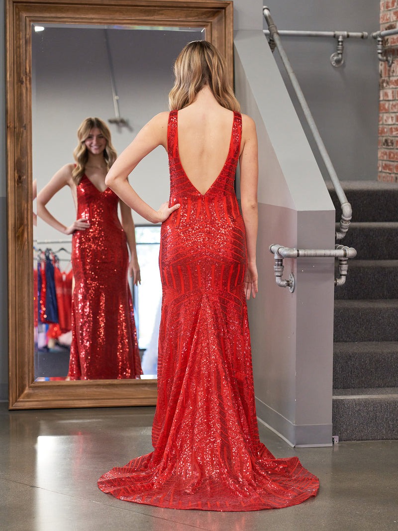 Deep V Neck Mermaid  Sequins Prom Dress