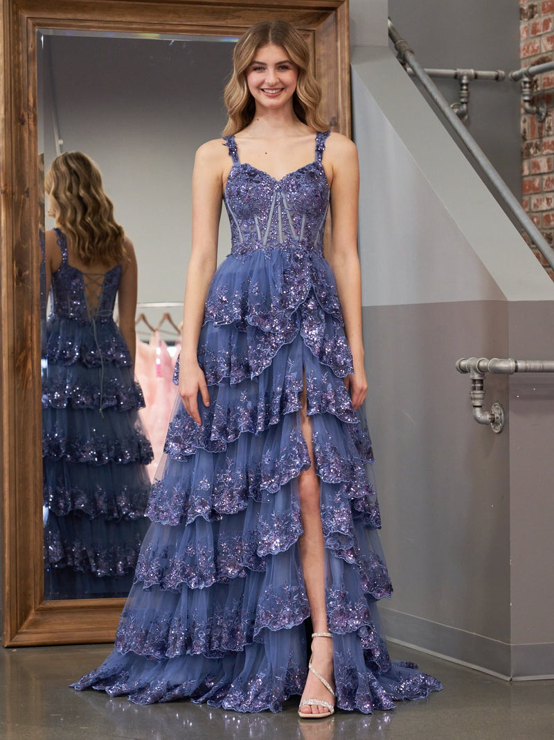 A-Line  Off-the-Shoulder Tiered Long Lace Prom Dress with Slit