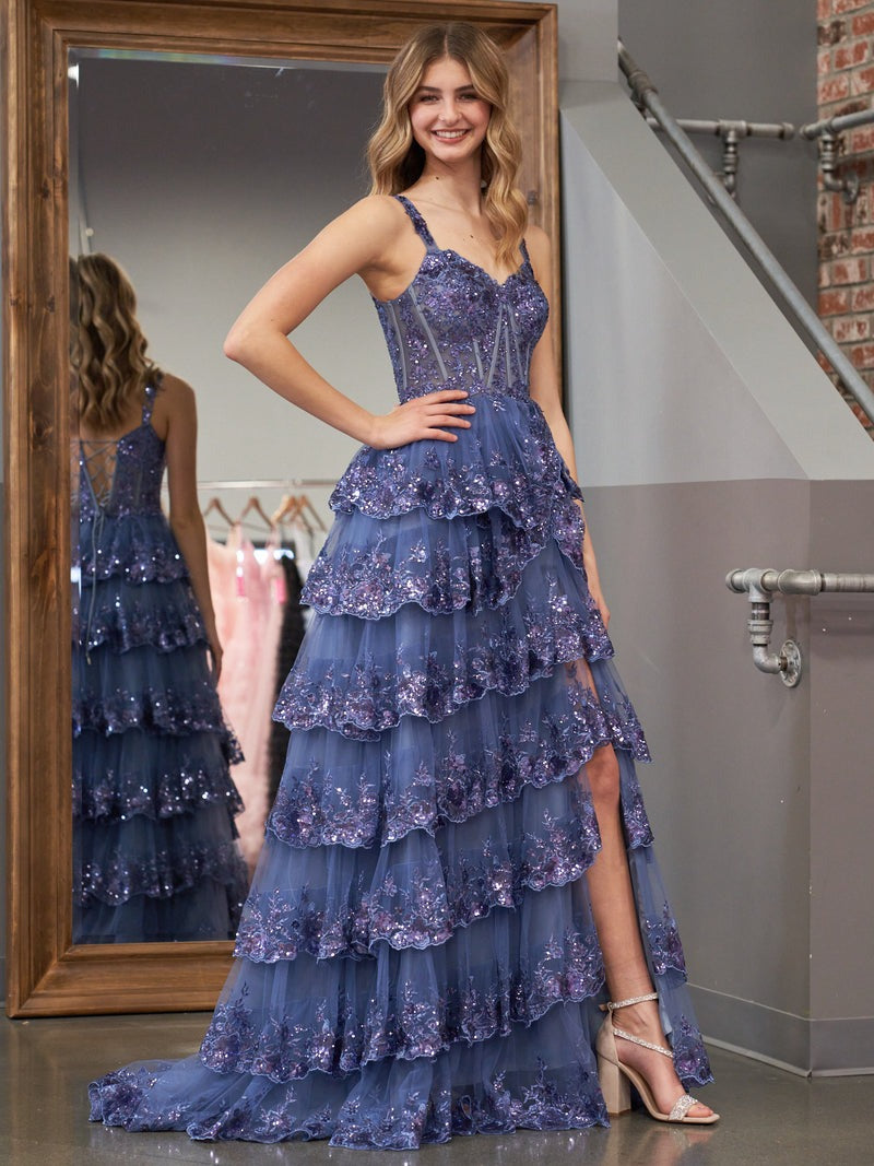 A-Line  Off-the-Shoulder Tiered Long Lace Prom Dress with Slit