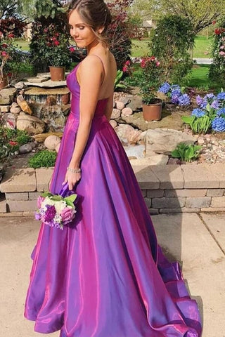 Satin A-line Spaghetti Straps Prom Dresses With Pockets