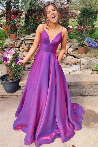 Satin A-line Spaghetti Straps Prom Dresses With Pockets