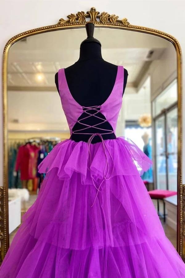 A-line Tired Tulle  Backless Prom Dresses, Long Formal Dresses