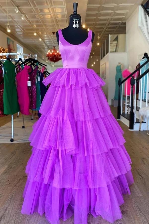 A-line Tired Tulle  Backless Prom Dresses, Long Formal Dresses