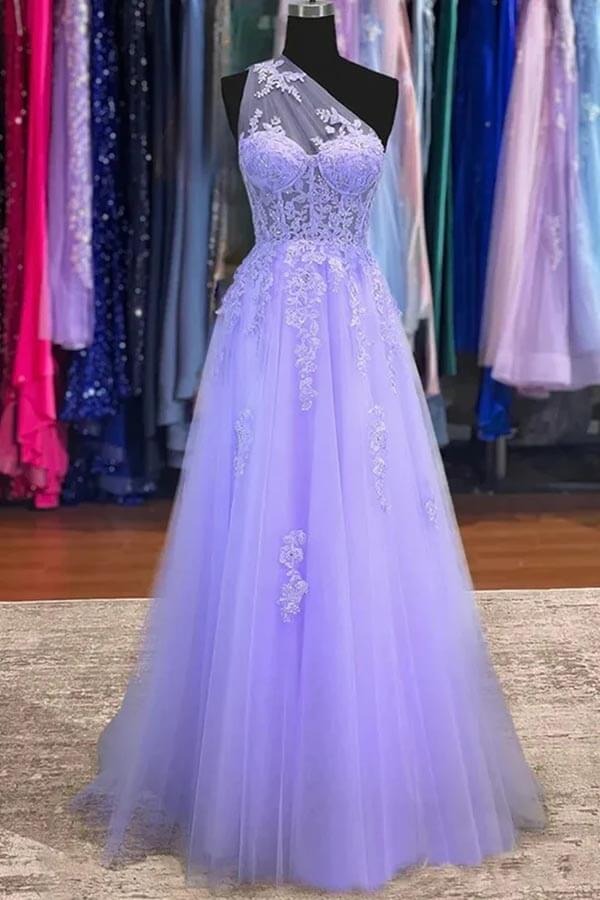 A-line Tulle  One Shoulder Long Prom Dresses With Lace Appliques