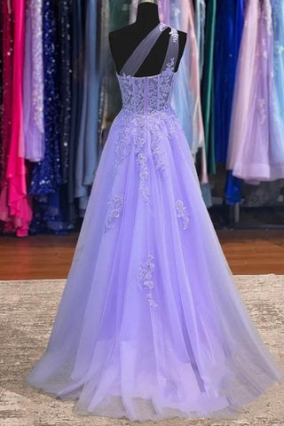 A-line Tulle  One Shoulder Long Prom Dresses With Lace Appliques