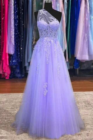 A-line Tulle  One Shoulder Long Prom Dresses With Lace Appliques