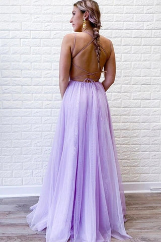 A-line Backless Tulle Lace Prom Dresses With Slit, Evening Dresses