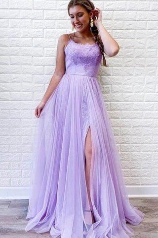 A-line Backless Tulle Lace Prom Dresses With Slit, Evening Dresses