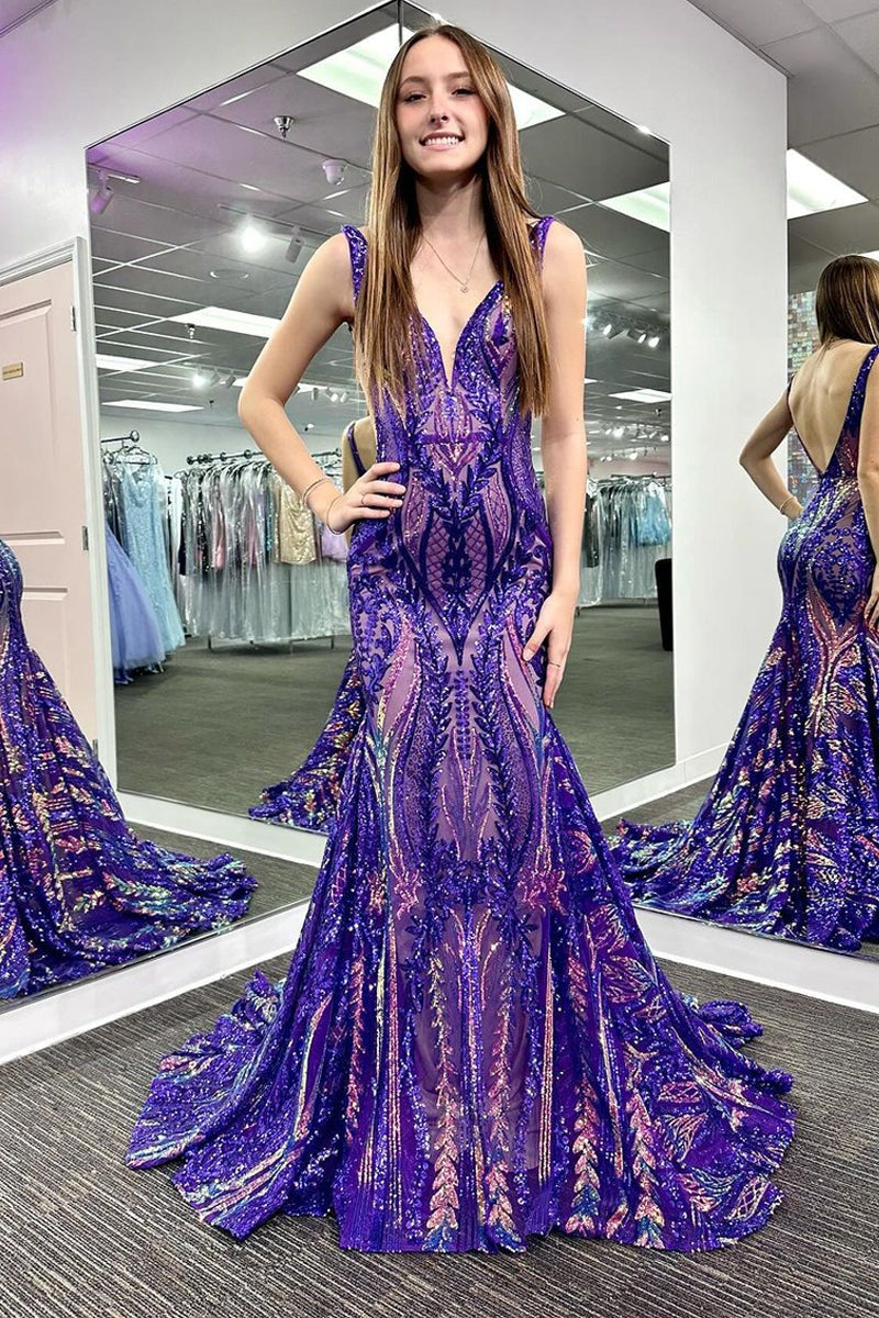 Pretty Mermaid  V Neck Sequin Lace Long Prom Dresses