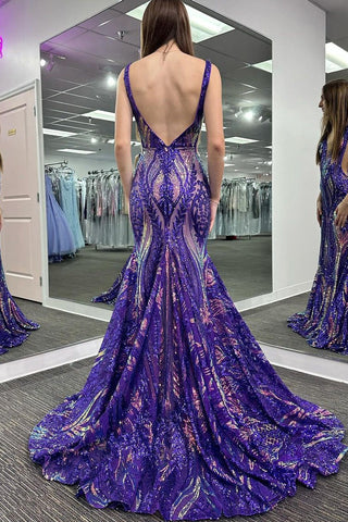 Pretty Mermaid  V Neck Sequin Lace Long Prom Dresses