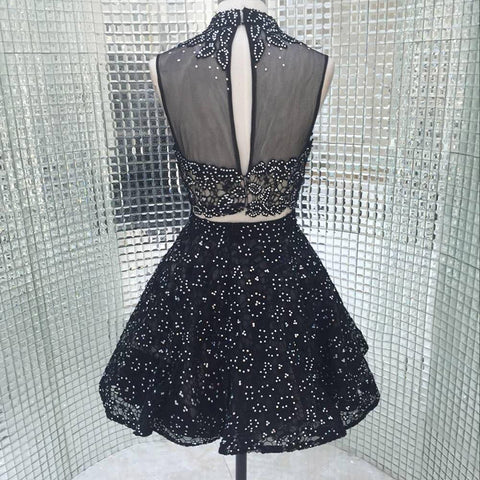 Exquisite Black High - Neck Embellished Crop Top with Sparkling Tulle Prom Dress, LX280