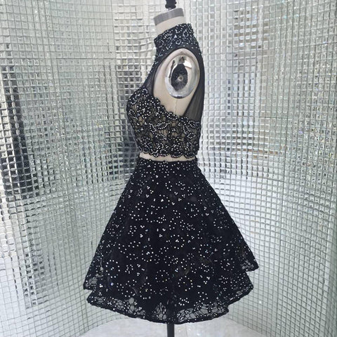Exquisite Black High - Neck Embellished Crop Top with Sparkling Tulle Prom Dress, LX280