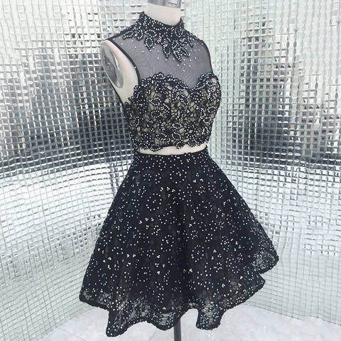 Exquisite Black High - Neck Embellished Crop Top with Sparkling Tulle Prom Dress, LX280