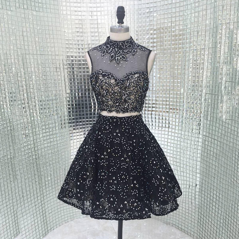 Exquisite Black High - Neck Embellished Crop Top with Sparkling Tulle Prom Dress, LX280