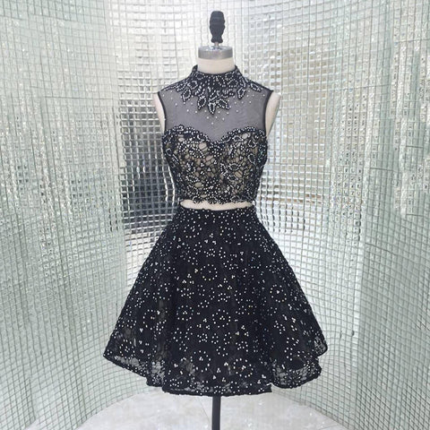 Exquisite Black High - Neck Embellished Crop Top with Sparkling Tulle Prom Dress, LX280